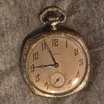 Vtg Waltham Pocket Watch, Grade 210, Mdl 1894,12S, 7J, Scepter White Gf Sq Case. Fixed Price $225.00.