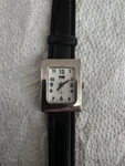 Bugle Boy Ladies Watch. Silver Tone Black Leather Band. New Battery. Fixed Price $14.95.
