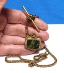Gold Filled Moss Agate Etched Glass Antique Watch Chain With Fob 18.8 Gm J-318. Fixed Price $175.00.