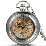 Transparent Cover Hand-winding Mechanical Skeleton Roman Numberals Pocket Watch. Fixed Price $28.99.