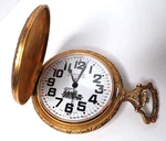 Vintage Swiss Dorset Pocket Watch Hunting Case Train Gold Tone 48MM Diameter. Fixed Price $45.00.
