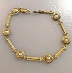 14K 585 Bar Link Bracelet With Pearls Yellow Gold 7" 8.85G Etruscan Style. Fixed Price $1400.00.