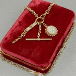 Antique Gold Filled 21" Pocket Watch Chain Necklace Mother Of Pearl Mop 37.75G. Fixed Price $495.00.