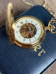 Stauer Mechanical Skeleton Pocket Watch Gold-fused W/ Box & Instructions. Fixed Price $88.00.