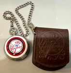 Yankees Ny. Pocket Watch With Chain And Leather Belt Pouch, Danbury Mint. Fixed Price $50.00.